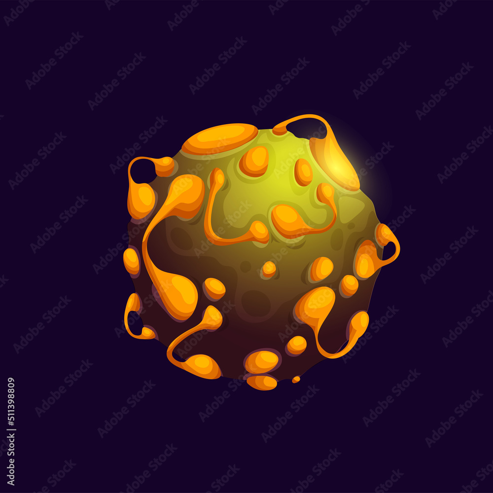 Poster galaxy space planet with mountain craters and lava surface, galactic fantasy vector cartoon icon. al