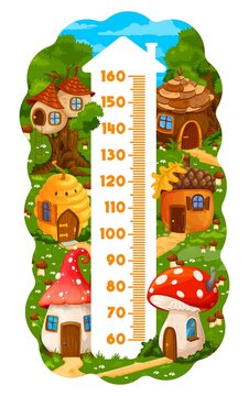 Kids height chart ruler with fairytale cartoon houses. Vector growth meter with nest on tree, wooden cottage, beehive, acorn, amanita or fly agaric mushrooms. Wall sticker for child height measurement