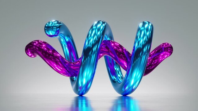 cycled 3d animation, abstract spiral shapes rotating, shiny pink blue metallic objects, looping background