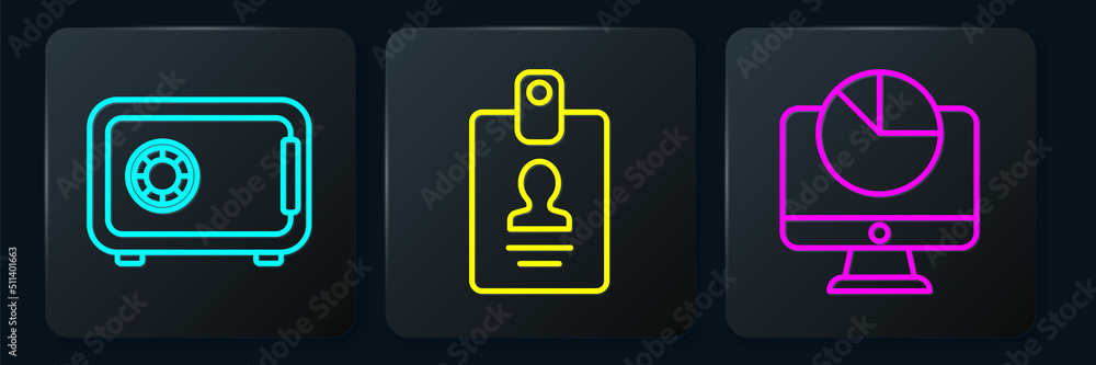 Poster set line safe, computer monitor with graph chart and identification badge. black square button. vect