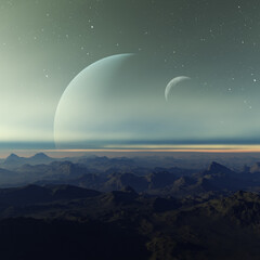 Fototapeta na wymiar 3d rendered Space Art: Alien Planet - A Fantasy Landscape with dark skies and stars