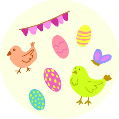 Happy Easter, decorated Easter card, banner. Bunnies, Easter eggs, flowers