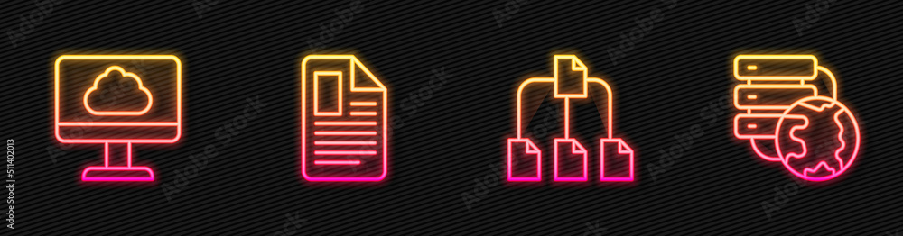 Poster set line folder tree, cloud technology data transfer, file document and network cloud connection. gl