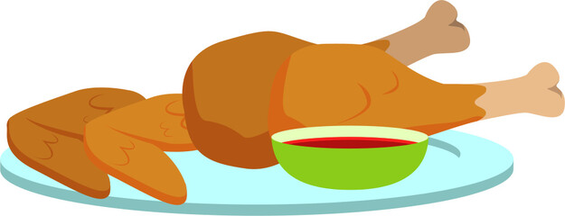 Lunch Plate with Fried Chicken and Sauce Cartoon Vector Illustration