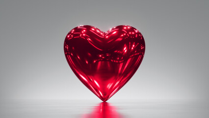 3d rendering. Red metallic heart sign, love symbol, romantic clip art isolated on silver background. Shiny glass icon