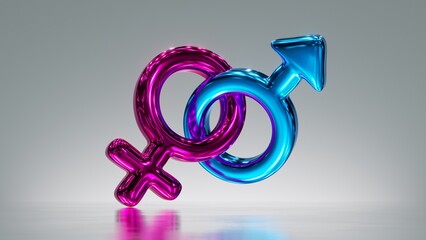 3d render. Metallic male and female gender symbols linked together, heterosexual couple clip art isolated on silver background. Shiny glass icon © NeoLeo