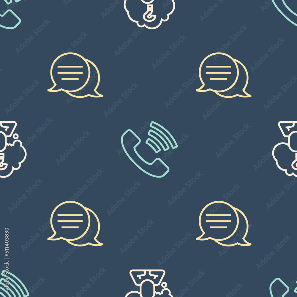 Poster set line head with question mark, speech bubble chat and telephone 24 hours support on seamless patt