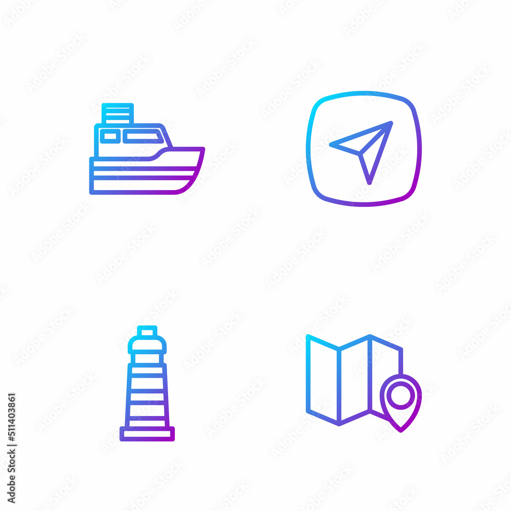Poster set line folded map with location marker, lighthouse, ship line path and infographic of city navigat