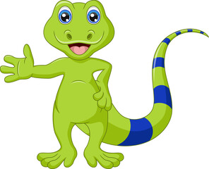 Cute green chameleon cartoon waving hand