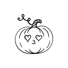 Autumn hand drawn pumpkin with cartoon face, line art, icon, vector illustration for  posters, cards. Pumpkin season, fall, harvest, thanksgiving day design.