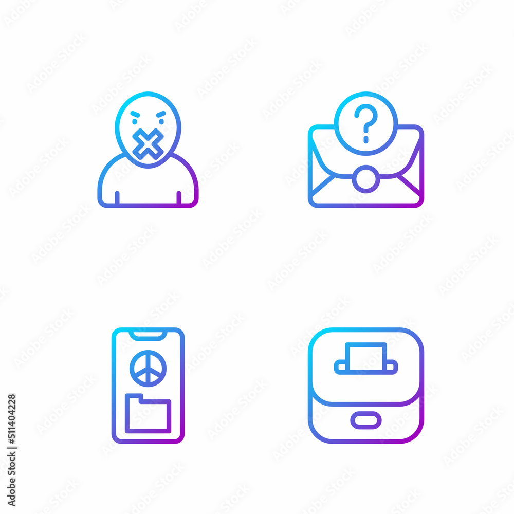Poster set line vote box, peace, censor and freedom of speech and envelope with question mark. gradient col