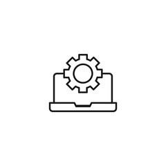 Setting or engineering concept. Vector sign drawn with thin line. Editable stroke. Perfect for web sites, stores, shops. Vector line icon of gear over laptop