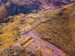 Remains of an ancient Inca house photographed on the peak next to Huaytara at 2,658 meters above sea level - obrazy, fototapety, plakaty