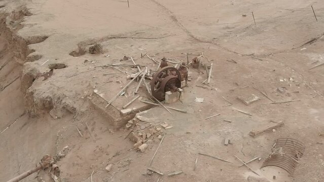 Old Ruined Pump in the desert with  pipes, aerial
Drone view from Qasr al-Yahud, drone view, 2022 
