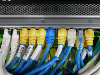 LAN cable network connected to internet switch servers in data center.	