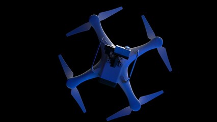 Powerful  white drone loaded with some of most advanced imaging and flight technologies under blue-black background. Concept image of video production, agriculture solution and public safety. 3D CG.