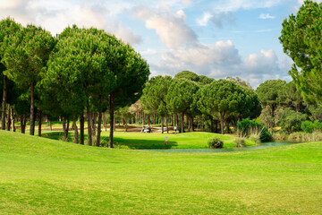 Fototapeta premium Scenic panoramic view of golf fairway at the golf course