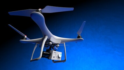 Powerful  white drone loaded with some of most advanced imaging and flight technologies under blue-black background. Concept image of video production, agriculture solution and public safety. 3D CG.
