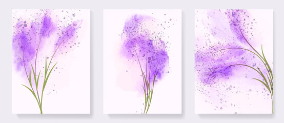Fototapeta Watercolor art background with lavender flowers and purple glitter. Botanical set of ink prints for decor, wallpapers, invitations obraz
