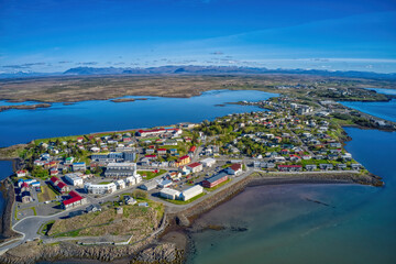 Aerial View of Borgarnes, Iceland during the brief Summer