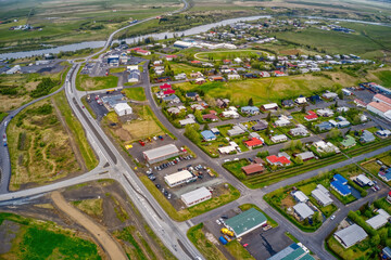 Fototapeta na wymiar Aerial View of the town of Hella, Iceland during the brief Summer