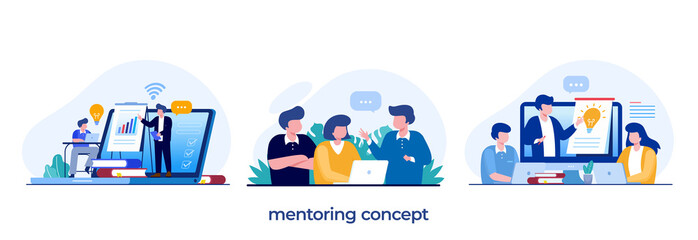 mentoring, teaching, online courses, training, teamwork, business concept, flat illustration vector