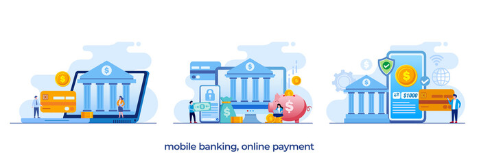 mobile banking, online payment, credit card, e-wallet, e-commerce, transaction, purchase, flat illustration vector - obrazy, fototapety, plakaty