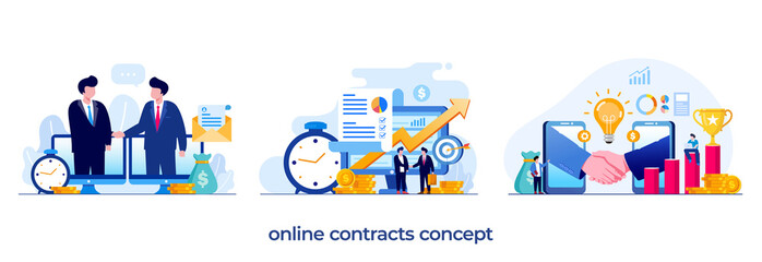 online contracts concept, agreement, corporate, collaboration, business partnership, partner, flat illustration vector