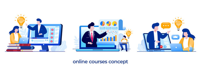 online courses, mentoring, training, video e-learning, presentation concept, seminar, online meeting, flat illustration vector