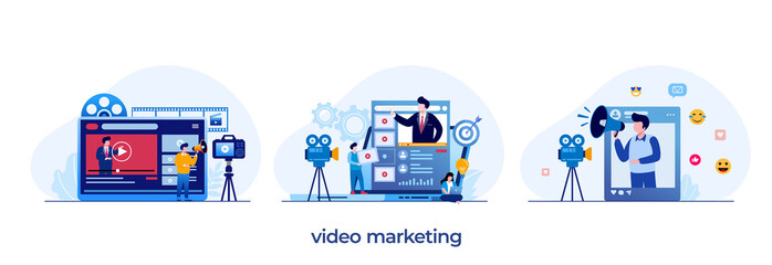 video marketing concept, marketing strategy, business, news, promotion, promo, course, endorsement, flat illustration vector - obrazy, fototapety, plakaty