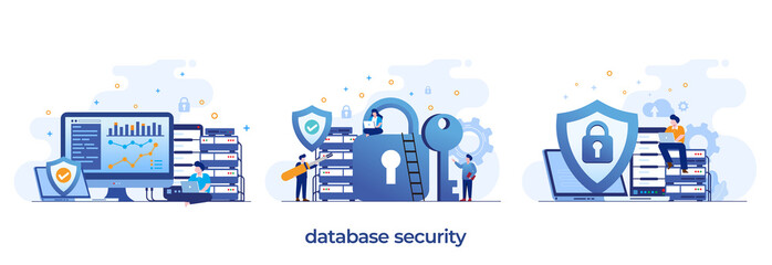 database security, phishing, hacker attack concept. hackers stealing personal data. flat design illustration vector