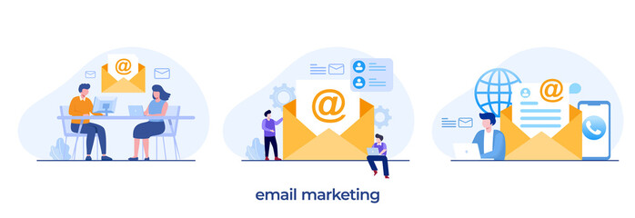 email marketing, online business strategy, advertisement, inbox flat illustration vector - obrazy, fototapety, plakaty