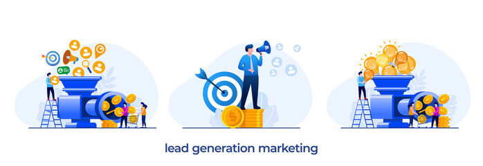 Lead generation, marketing online, social media marketing, trends, ads, advertisement, online business flat illustration vector