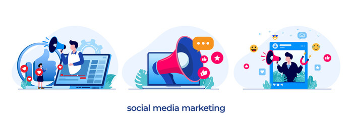 social media marketing, digital, video marketing, endorsement, endorse, e-commerce, business concept, startup, flat illustration vector - obrazy, fototapety, plakaty