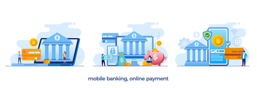 mobile banking, online payment, credit card, e-wallet, e-commerce, transaction, purchase, flat illustration vector