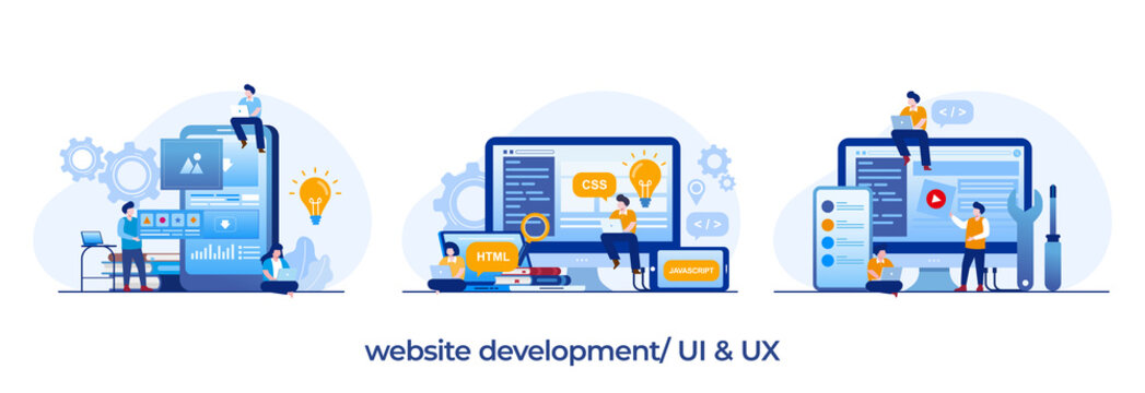Web development. programming languages. css, html, it, ui. programmer cartoon character developing website, coding. flat illustration banner