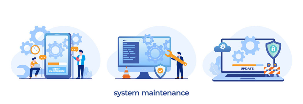 system maintenance, update program and application, technology, engineer, error, fixing a trouble, device updating, flat illustration vector