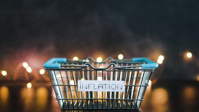 economy after covid, inflation text on empty shopping basket  on dark background with lights