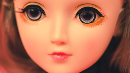 Beautiful doll. Close up. Portrait of attractive toy's face with big eyes.