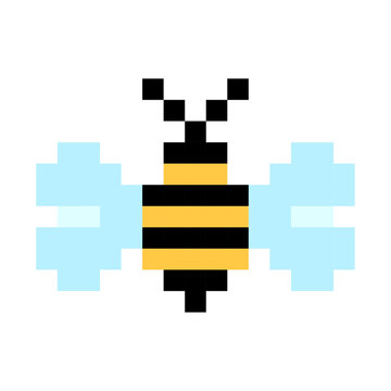 Pixel bee. Icon for game design. Retro pixel art. Vector illustration. Stock image.