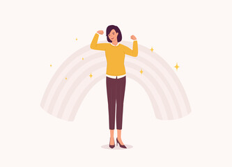 One Confident And Strong Happy Woman In Smart Casual Standing And Flexing Muscles. Full Length. Character, Cartoon.