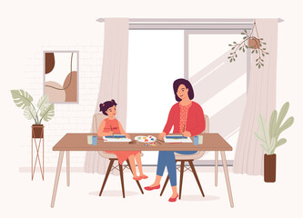 Happy Mother Painting Watercolour With Her Daughter At Home. Full Length. Character, Cartoon.