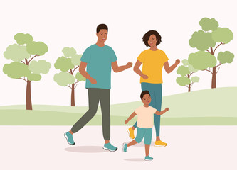 Happy Black Family With One Child Jogging Together In The Park. Full Length. Character, Cartoon.