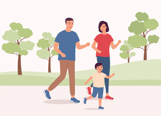 Happy Family With One Child Jogging Together In The Park. Full Length. Character, Cartoon.