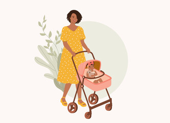 One Smiling Black Mother Walking With Her Baby Girl In Stroller. Full Length. Character, Cartoon.