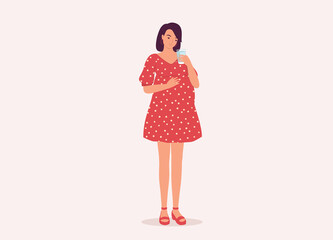 One Smiling Pregnant Woman Drinking A Glass Of Plain Water. Full Length. Character, Cartoon.