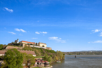 Fototapeta na wymiar Petrovaradin Fortress in Novi Sad, Serbia by the danube river. This castle is one of the main landmarks of Novi Sad and Voivodina, with a banner indicating novi sad is the european capital of culture