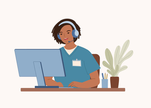 One Smiling Black Female Healthcare Customer Service Representative With Headset And Medical Scrubs Uniform Working With Desktop Computer. Half Length. Character, Cartoon.