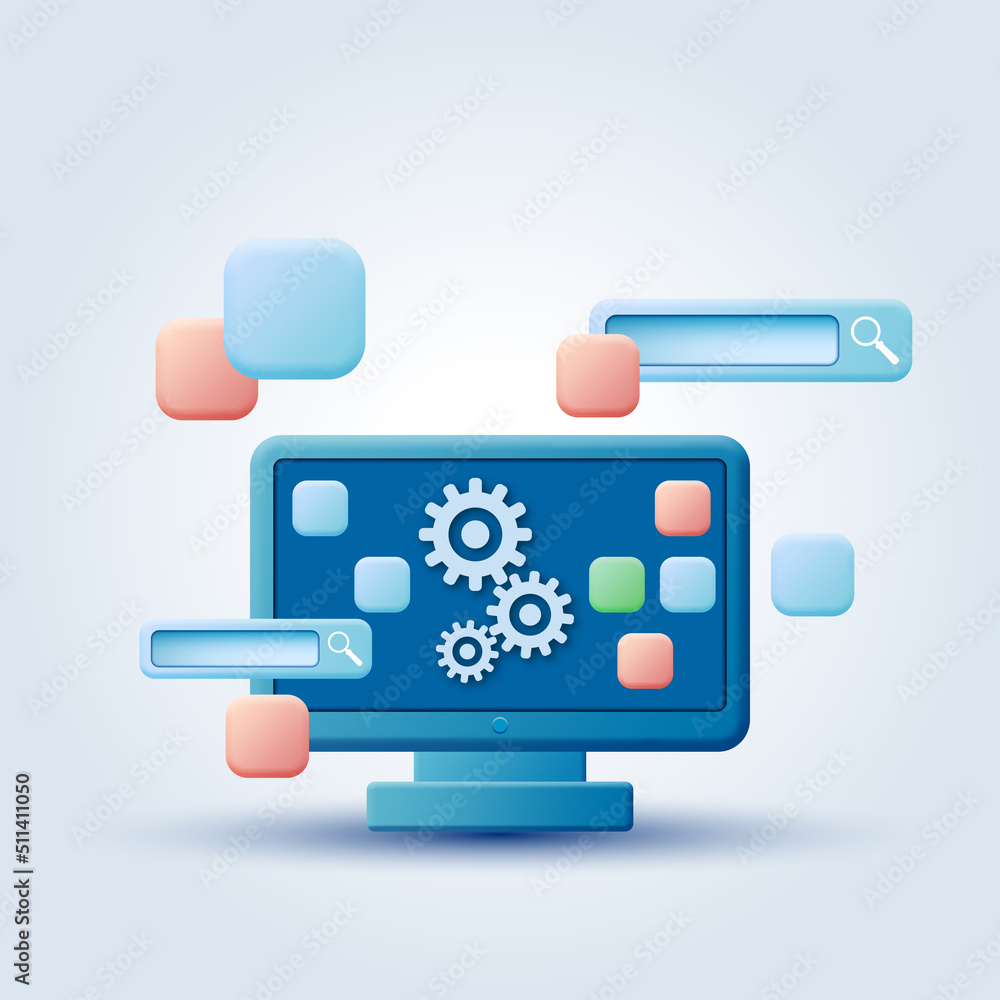 Aufkleber seo optimization, information processing, data computing, web search cartoon style vector concept il