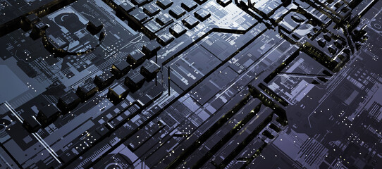 Futuristic electronics processor or IC circuit pattern surface. Abstract sci-fi hi-tech equipment or facility background. Grey surface with illuminated circuits. 3D Illustration,3D rendering. - obrazy, fototapety, plakaty